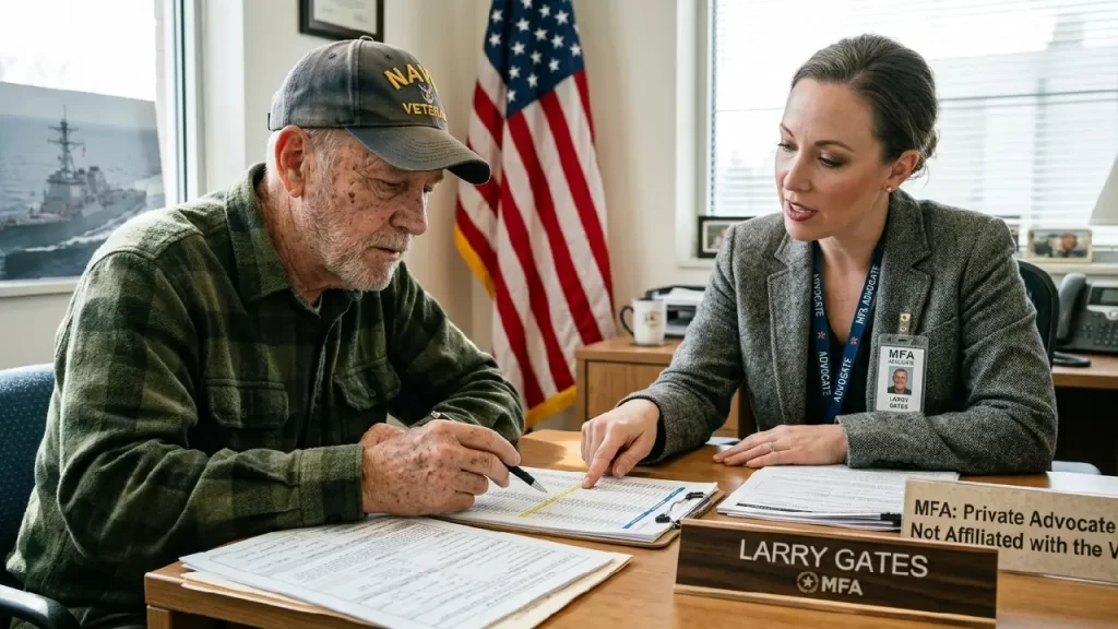 A Navy Veteran in a plaid shirt and cap reviewing VA claim forms and asbestos trust fund documents with a female advocate in a professional office setting.