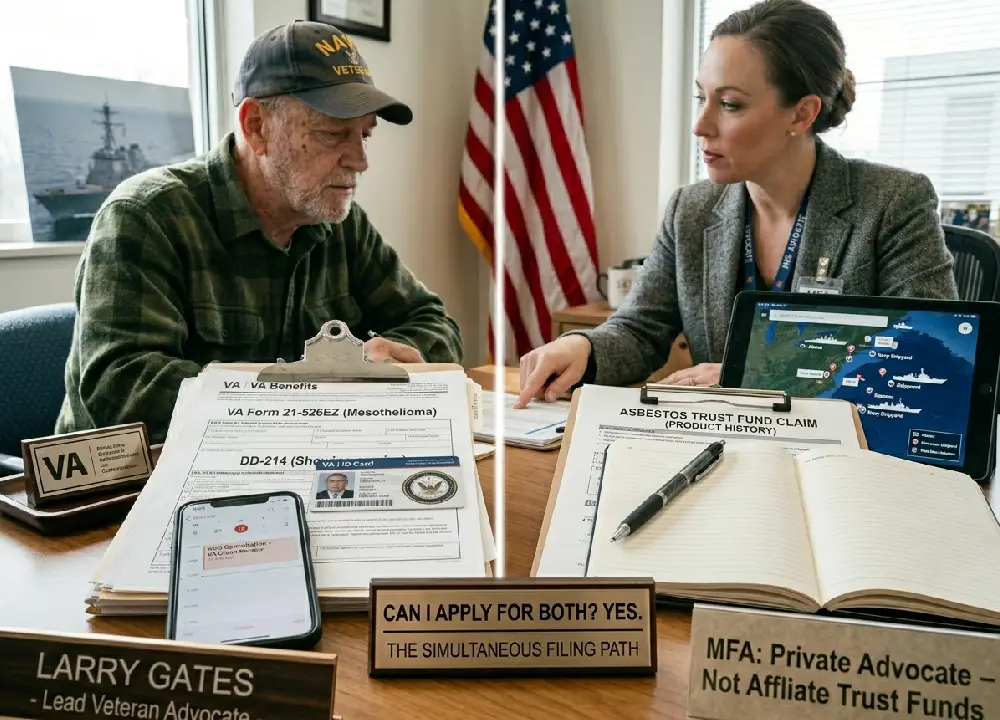 A detailed desk display showing the simultaneous filing paths for VA benefits and private asbestos trust fund claims.