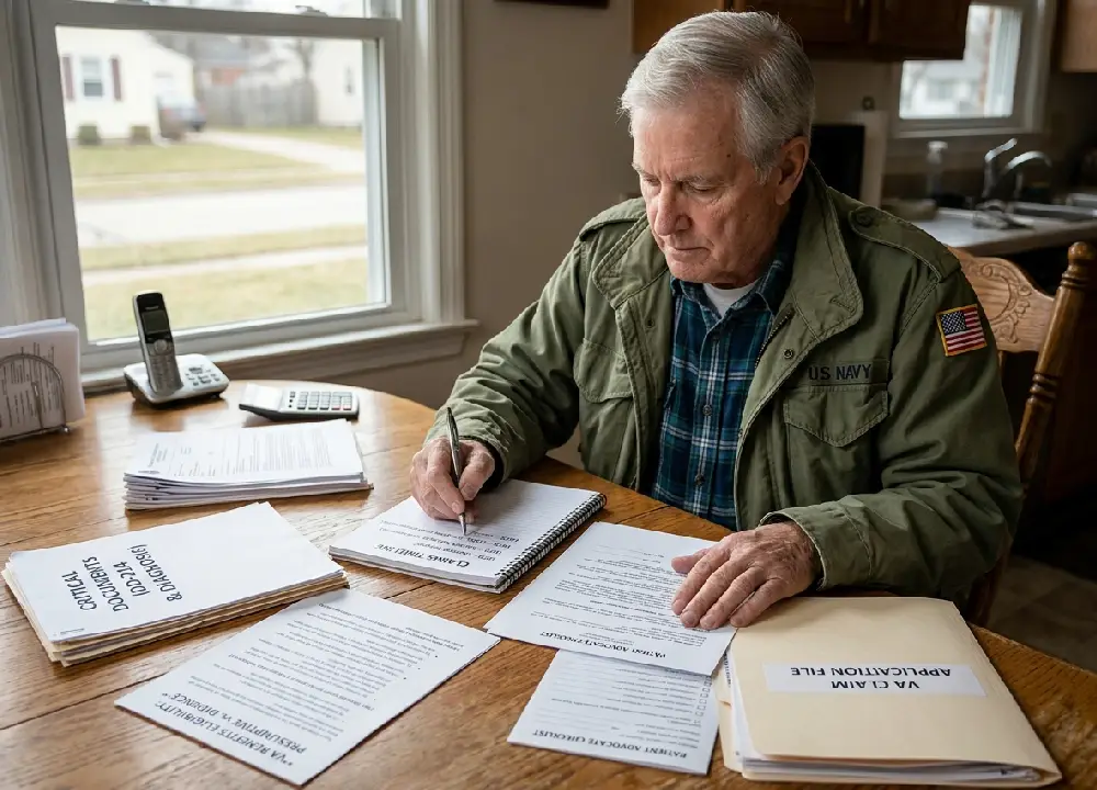 A detailed documentary photograph of an older Navy Veteran organizing documents at his kitchen table. One document stack is titled 'GATHER CRITICAL DOCUMENTATION' and a prominent typed checklist details: 'Create a timeline', 'Seek assistance from Patient Advocate', visualising the practical next steps for an asbestos claim.
