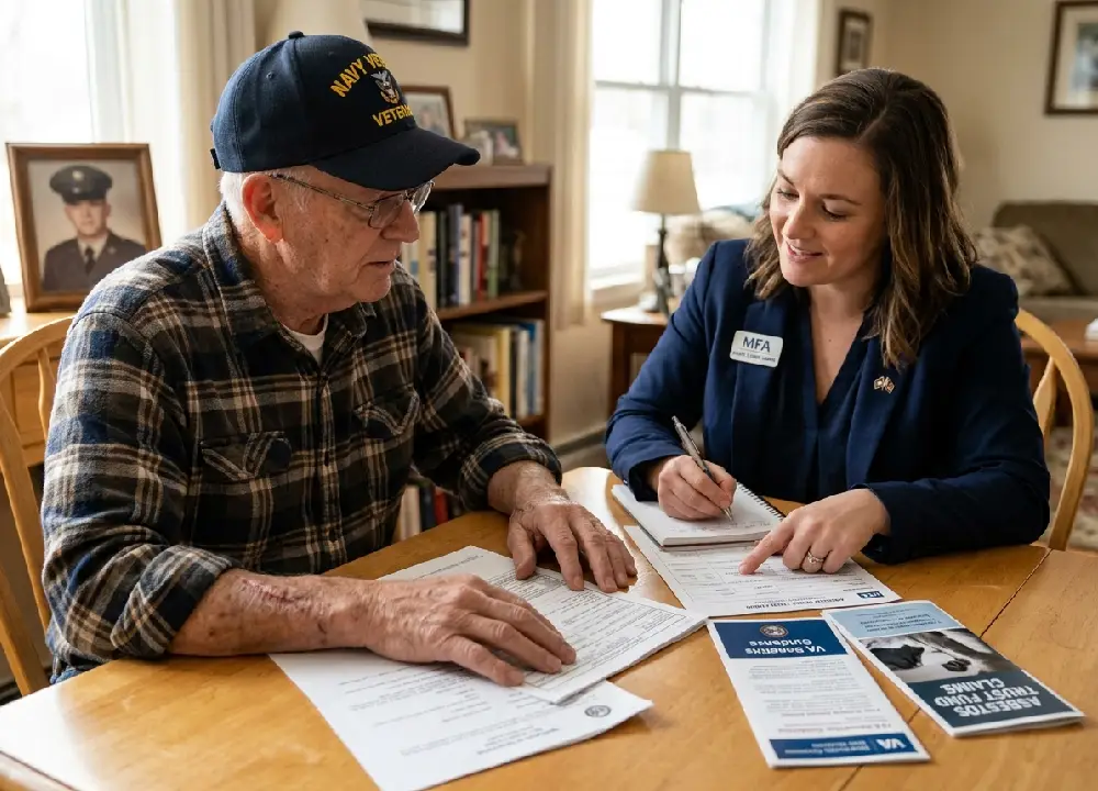A candid, photo-realistic image depicting a male Navy veteran in a flannel shirt and military cap discussing legal paperwork with a female MFA advocate at a wooden table, focusing on VA benefits and asbestos trust fund claims assistance.
