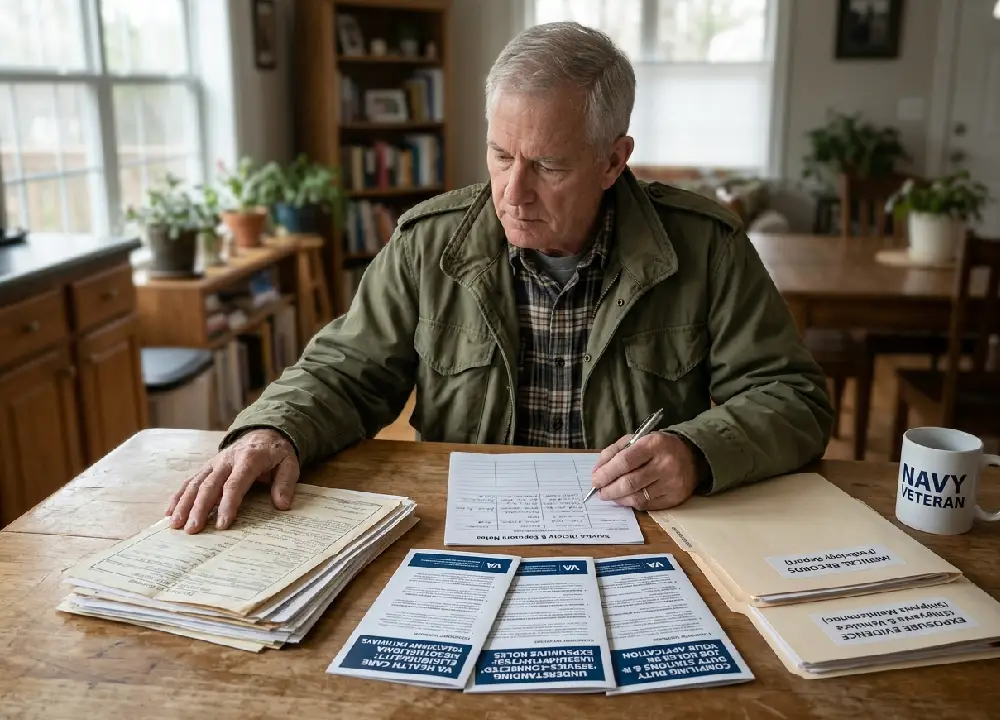A detailed photograph of an older Veteran's weathered hands organizing official service records, a DD-214 folder, and legible 'VA Health Care' and 'Service-Connected Illness' guides on a wooden table, preparing a claim application.
