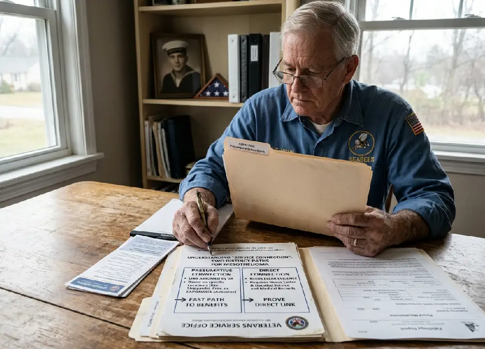 A detailed documentary photograph focusing on an older Navy Veteran organizing claim files. One document clearly illustrates the parallel pathways: 'PRESUMPTIVE CONNECTION' (Link Assumed by VA, based on high-risk exposures) and 'DIRECT CONNECTION' (Needs clear medical and service evidence).