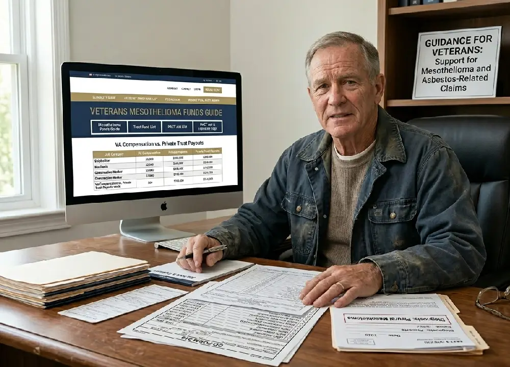 An older veteran reviewing his DD Form 214 and mesothelioma diagnosis papers while using an online guide to compare VA compensation and asbestos trust fund payouts.