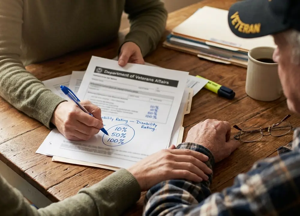 A supportive MesoCare advocate helps an older veteran understand complex Department of Veterans Affairs disability ratings on a kitchen table, circling the key percentages of 10, 50, and 100 percent.