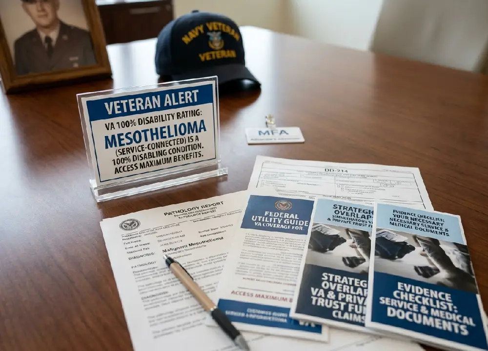 A high-resolution, photo-realistic image featuring a 'VETERAN ALERT' sign declaring mesothelioma a 100% disability. The foreground includes critical documents for the 'Service-to-Settlement' journey, including a pathology report, a generic DD-214, and specific MFA strategy guides for VA coverage and private asbestos trust funds.