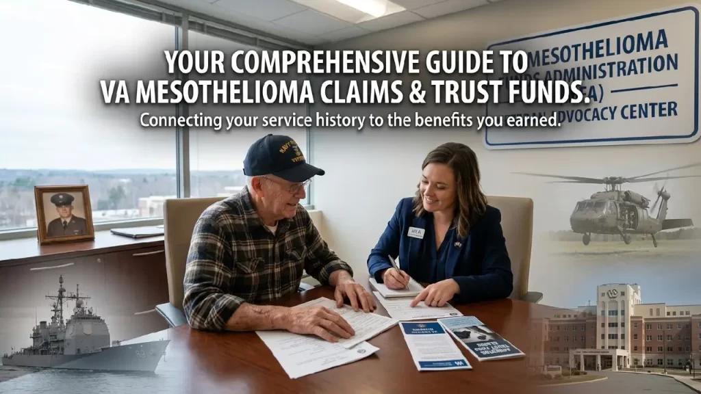 A professional hero image for MFA featuring a Navy veteran and a claims advocate reviewing VA disability and asbestos trust fund paperwork, with a background montage of a Navy ship, military helicopter, and a VA medical center.
