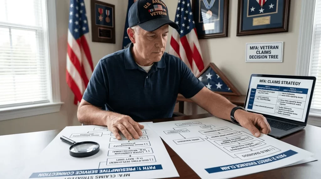 An Army Veteran reviews a Claims Decision Tree comparing presumptive service connection and direct evidence paths for VA benefits