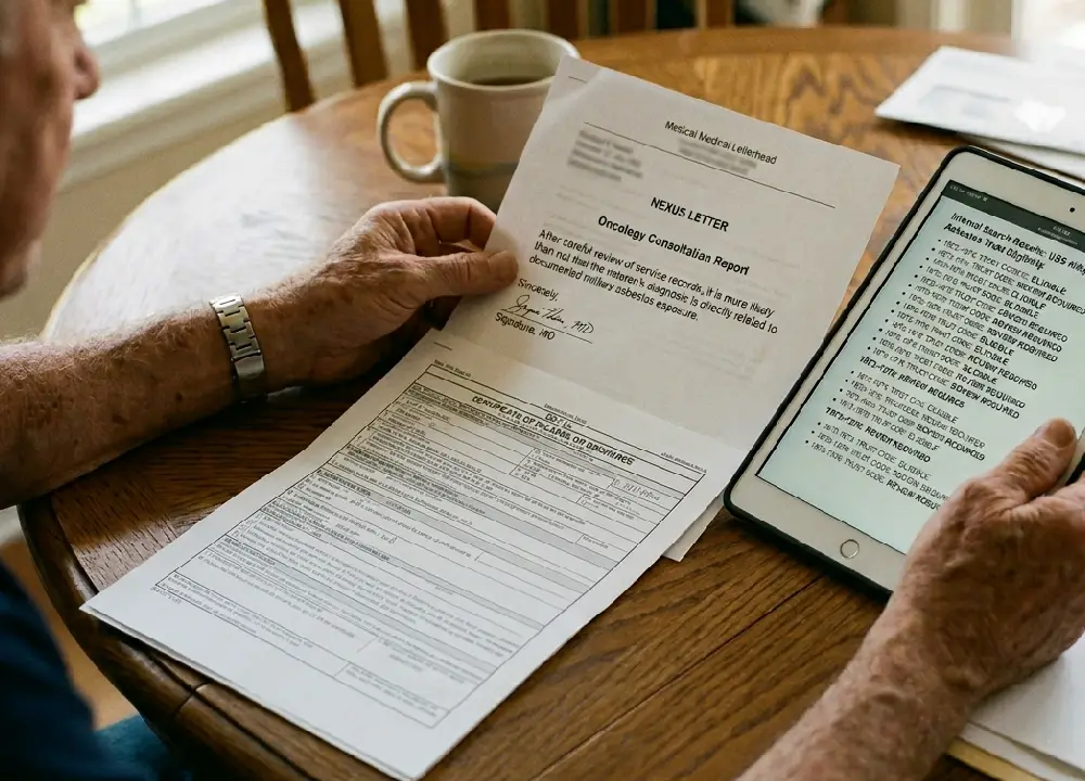 A close-up, documentary-style photograph of the hands and table area of the Navy veteran, showing key 'Next Steps' documents.