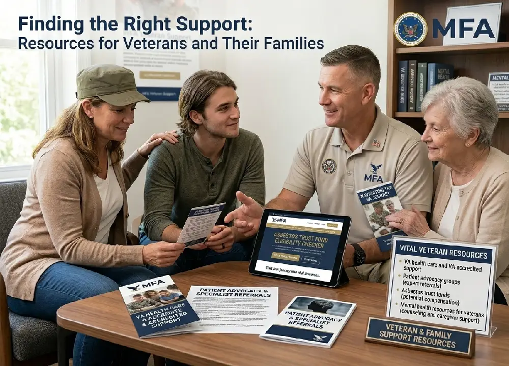 A veteran advocate at Mesothelioma Funds Administration (MFA) meeting with a veteran’s family to discuss VA health care, specialist referrals, and asbestos trust fund eligibility.