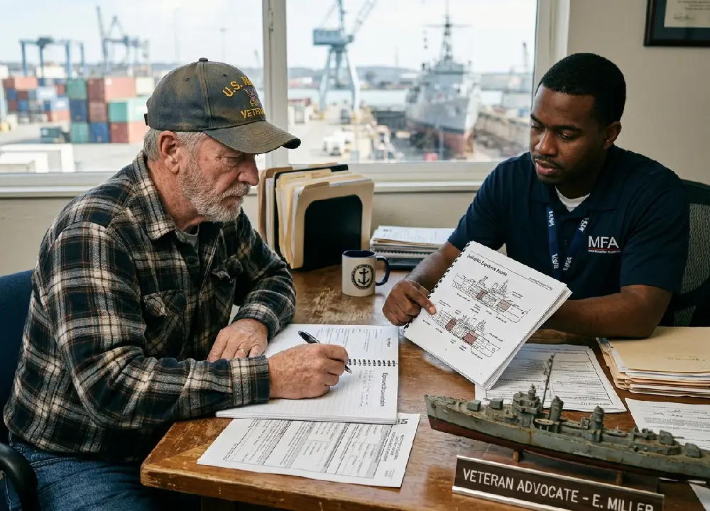 A Veteran Advocate showing a Navy veteran a technical diagram of asbestos exposure locations on a military ship during a claims consultation.