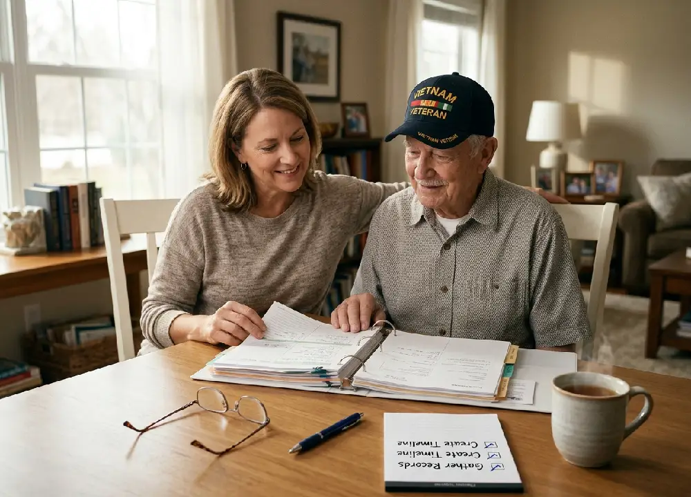 A daughter helps an older Vietnam Veteran with mesothelioma organize medical papers in a three-ring binder at a table, using a 'Gather Records' checklist.