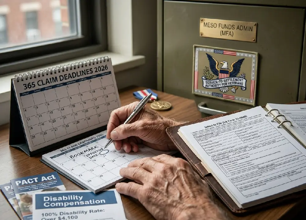 A closeup on a desk in 2026 showing a hand filling out VA Form 21-0966, 'Intent to File,' while a calendar and an adjacent 'Bookmark Effective Date' checklist track the 365-day back-pay window.