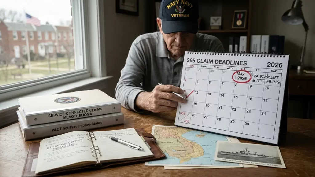 A Navy veteran sits at a desk in 2026, marking a 365-day claim calendar near binders labeled 'Mesothelioma Service-Connected Claims' and 'PACT Act Presumptive Status.'