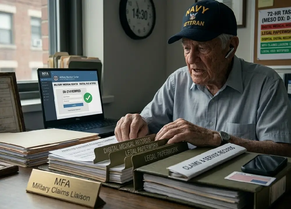 A Navy Veteran at a desk during a 72-hour claims execution phase, using a laptop for digital record access while organizing binders labeled 'Digital Medical Records' and 'Legal Paperwork.'