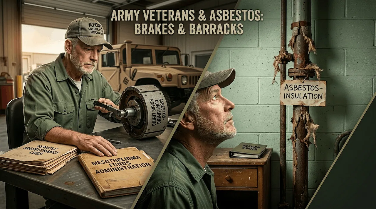 An Army veteran mechanic works on an asbestos brake lining while another examines deteriorating asbestos insulation on a barracks steam pipe.