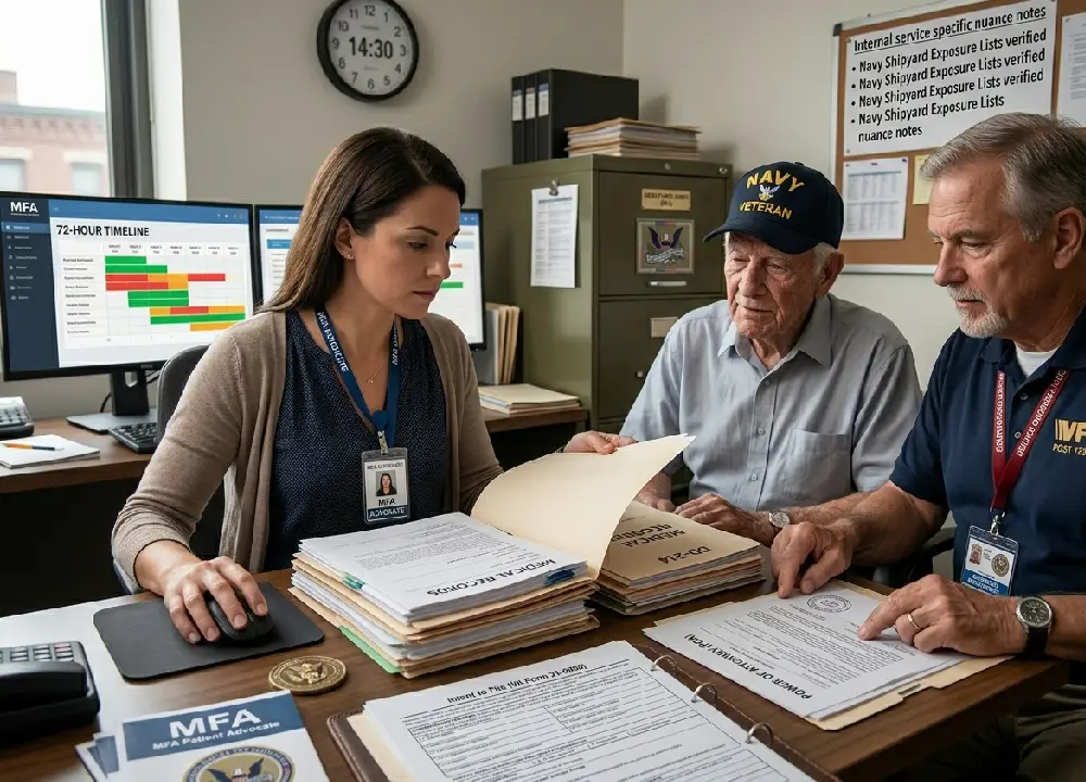 A closeup inside the MFA office where a Patient Advocate uses a '72-Hour Timeline' dashboard to expedite medical records collection while a Veteran (US Navy) reviews a VA Power of Attorney with an accredited representative.