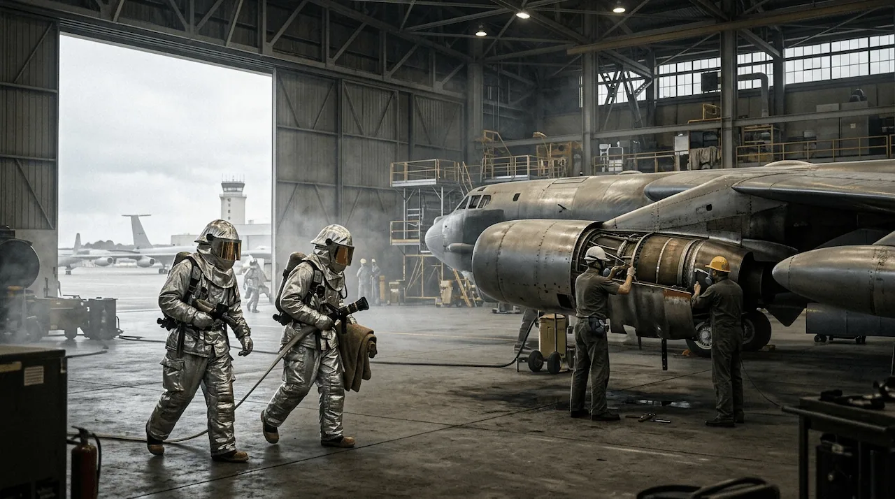 Air Force firefighters in silver proximity suits and mechanics working on a jet engine in a hangar.