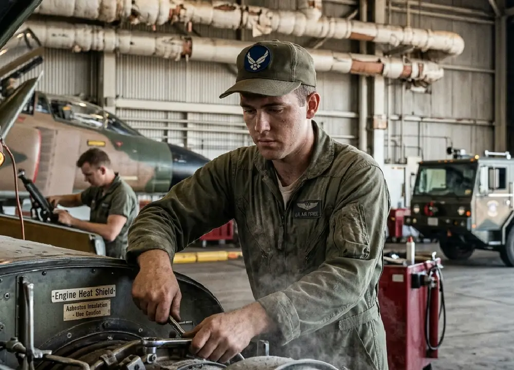 An active-duty U.S. Air Force aircraft mechanic working on an open jet engine heat shield inside a busy base hangar while two fire protection specialists in silver proximity gear look on.