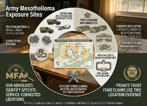 An illustrated infographic and map of an Army base (Fort Paxton), identifying key asbestos exposure sites. Sections detail risks in Motor Pools (friction materials, gaskets), Barracks & Mess Halls (gypsum board, floor tiles), and Aging Infrastructure (pipe lagging). Two emblems note MFA Military Advocates identify service-connected locations and that Private Trust Fund claims use this evidence.