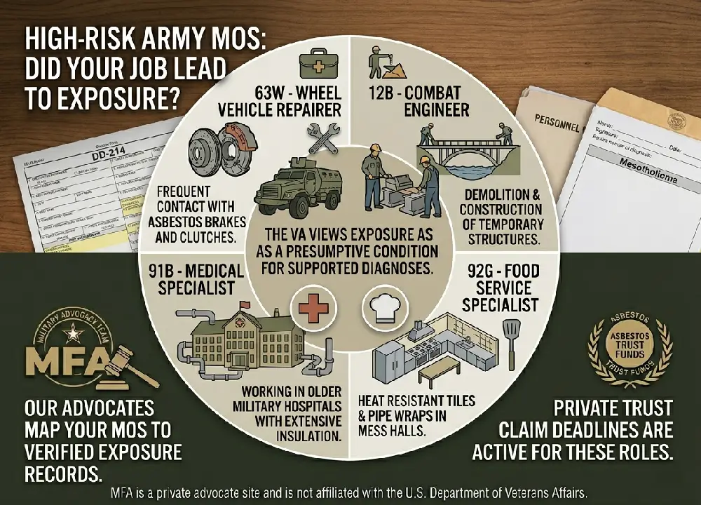 An illustrated infographic detailing high-risk Army MOS for asbestos exposure. A circular matrix with icons identifies four roles: 63W Wheel Vehicle Repairer (brakes/clutches), 12B Combat Engineer (demolition/construction), 91B Medical Specialist (hospital pipe insulation), and 92G Food Service Specialist (mess hall tiles/wraps). Two emblems note MFA helps map MOS to records and that private claims use this evidence.