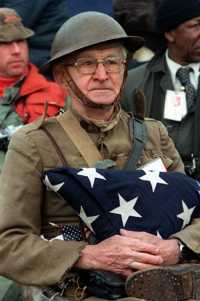 Joseph Ambrose, an 86-year-old World War I veteran, at the dedication day parade for the Vietnam Veterans Memorial, 1982.