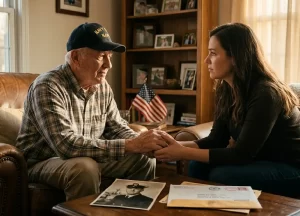 An elderly Navy Veteran in a ballcap sits on a couch, holding hands with a family member while reviewing military records and a vintage service photo on a coffee table.