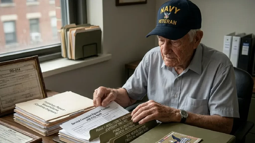 A closeup shot of a Navy Veteran (US) at a desk, carefully organizing a 'War Room' binder with large tab dividers that label critical mesothelioma claim documents, including 'Exposure Timeline' and 'The Nexus Letter.'