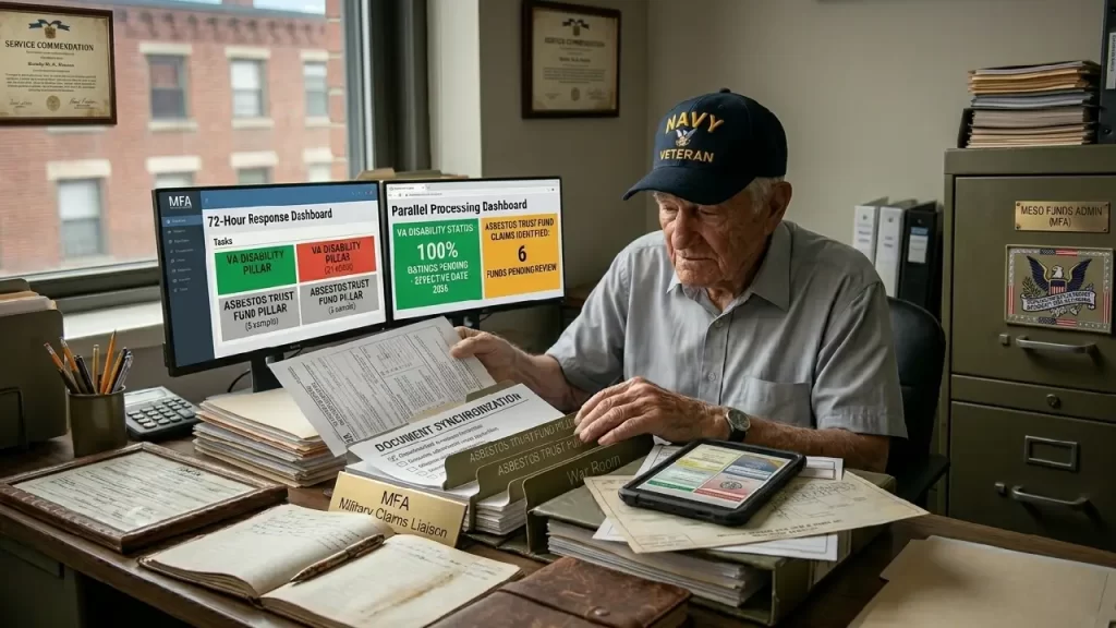 A close-up inside the MFA office where a Navy veteran and an advocate synchronize a physical 'Document Synchronization' logbook with explicit tabs labeled 'VA Disability Pillar' and 'Asbestos Trust Pillar,' using a compass for direction.