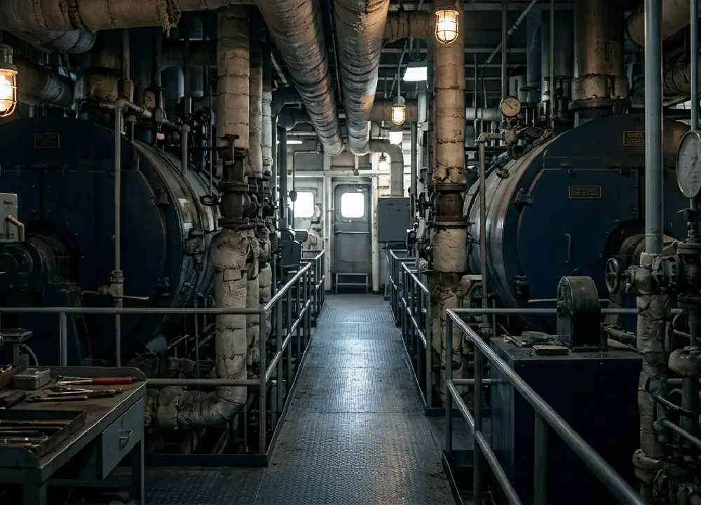 A closeup shot inside a historical Navy ship engine room (USS Gearing class), focusing on heavy, white asbestos-insulated pipe lagging and a gauge, near a data plate.