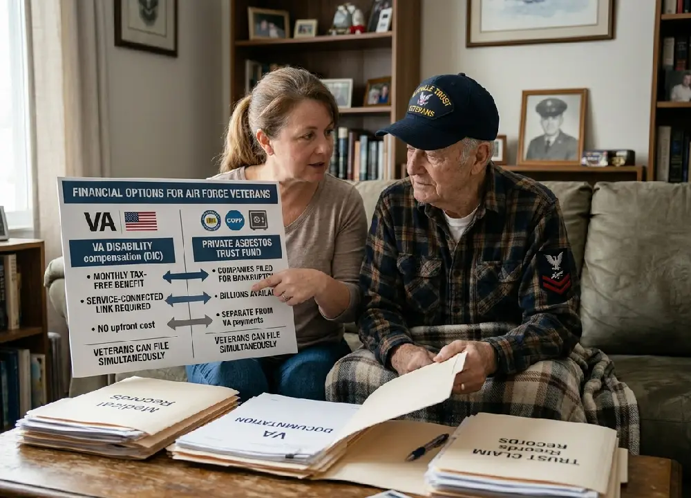 A compassionate female caregiver sitting on a living room couch next to an elderly veteran, pointing to an educational comparison graphic detailing VA disability compensation versus private asbestos trust fund financial options.