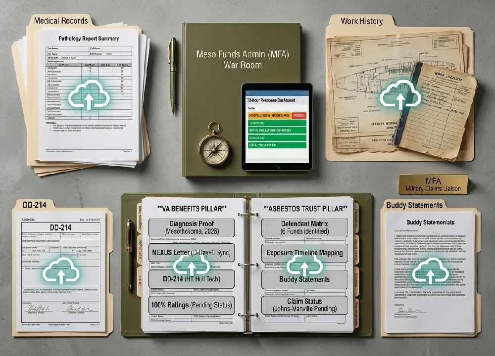 A professional flat lay of organized veteran claim folders for DD-214, Medical Records, and Work History, featuring a central binder with pillars for VA Benefits and Asbestos Trust Funds with subtle digital cloud sync icons.