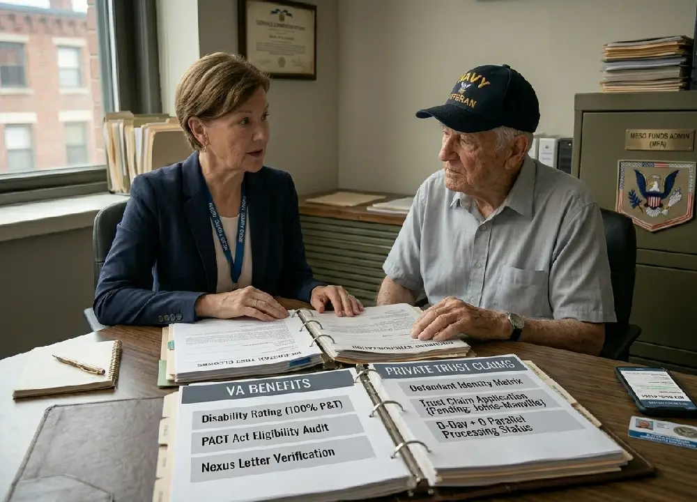 A Navy Veteran in a "Navy Veteran" hat sits at an office desk across from a professional female advisor, reviewing a binder with documents labeled "VA BENEFITS" and "PRIVATE TRUST CLAIMS."